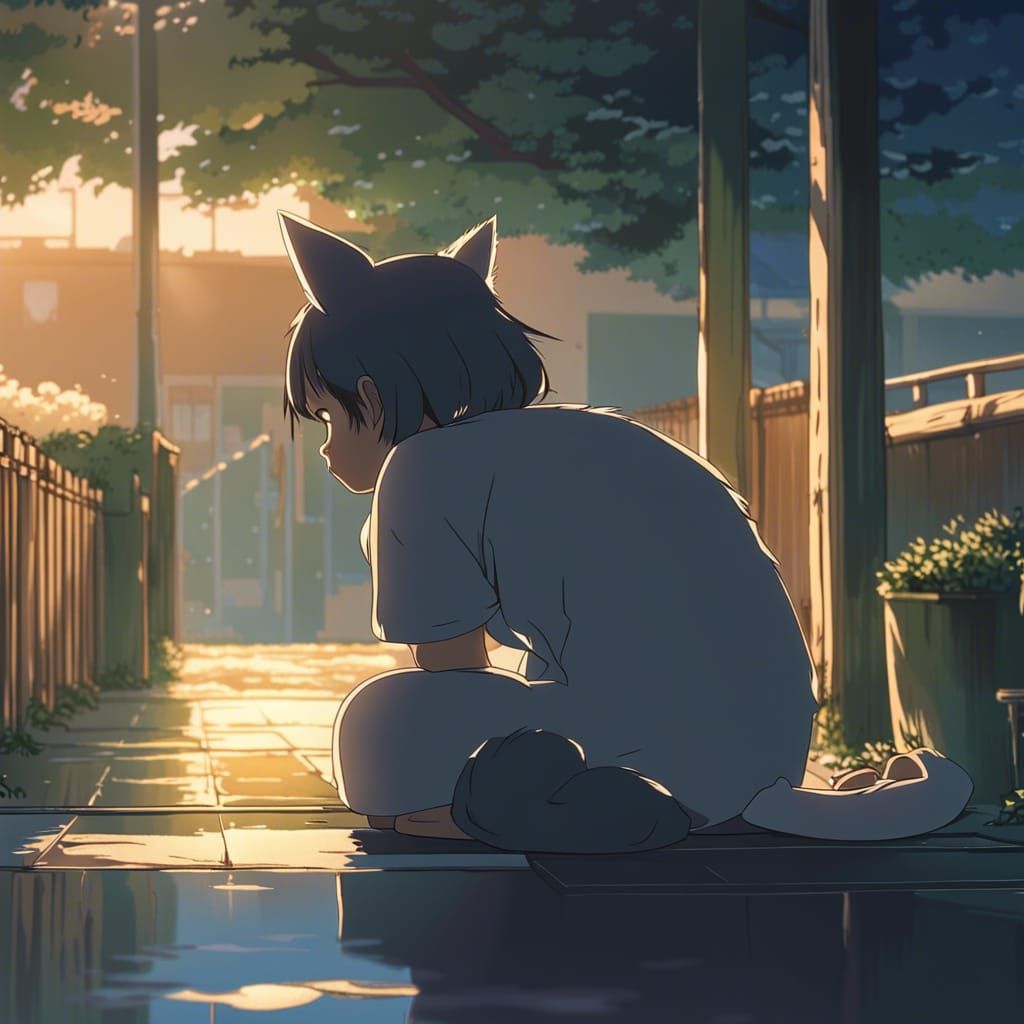Sad Cat-like Girl in Studio Ghibli Anime Style