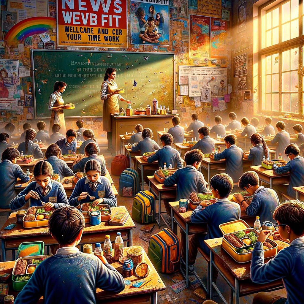 South Asian Students Enjoy Lunch in Hyperrealistic Classroom