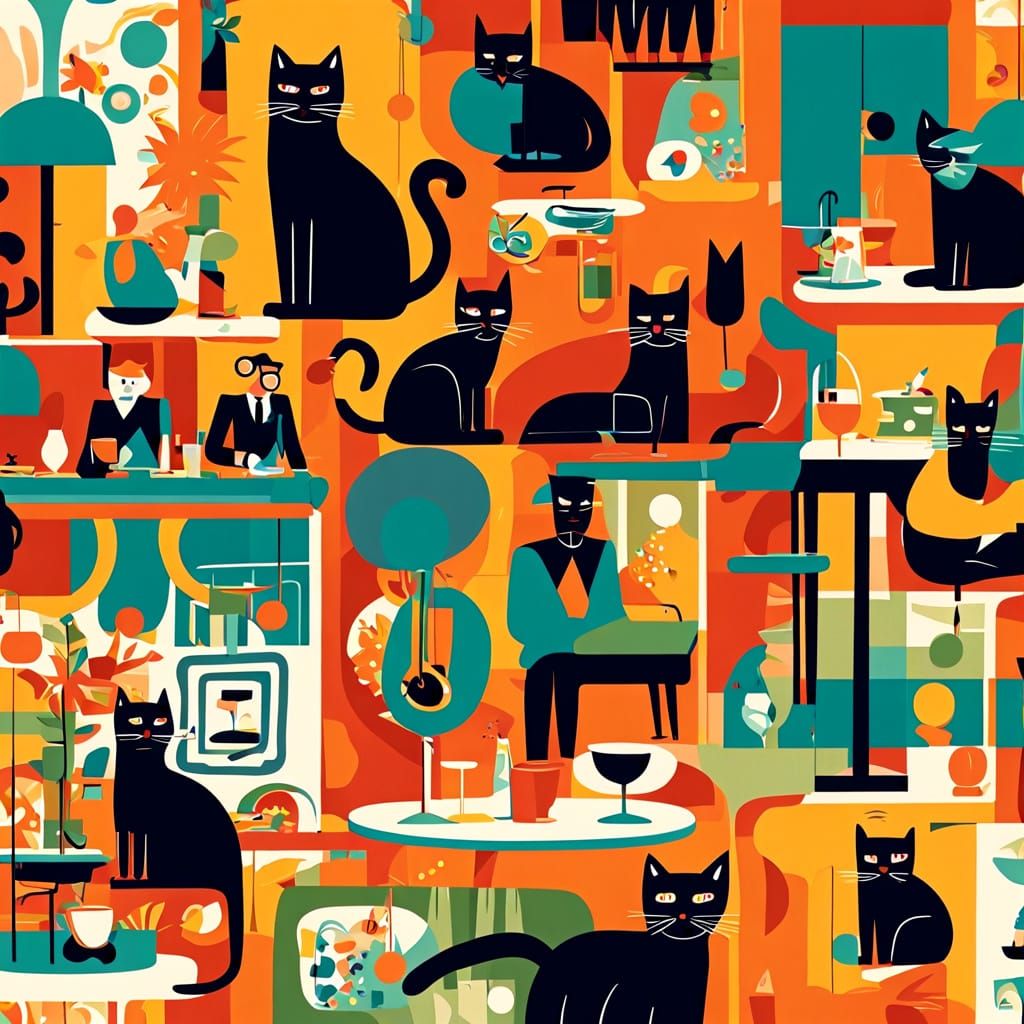 Mid-Century Cartoon Cats in a Groovy Jazz Club