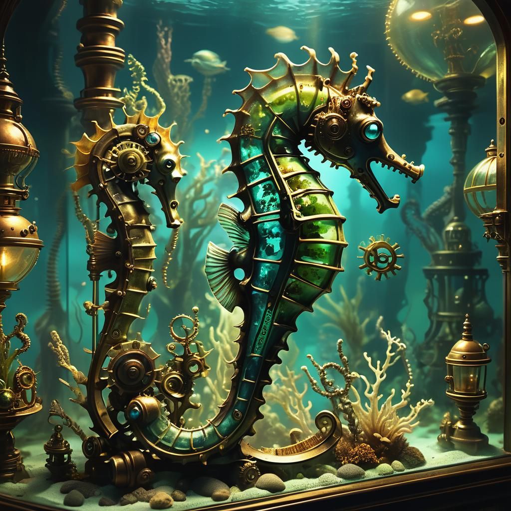 Steampunk Seahorse Aquarium with Alien Creatures
