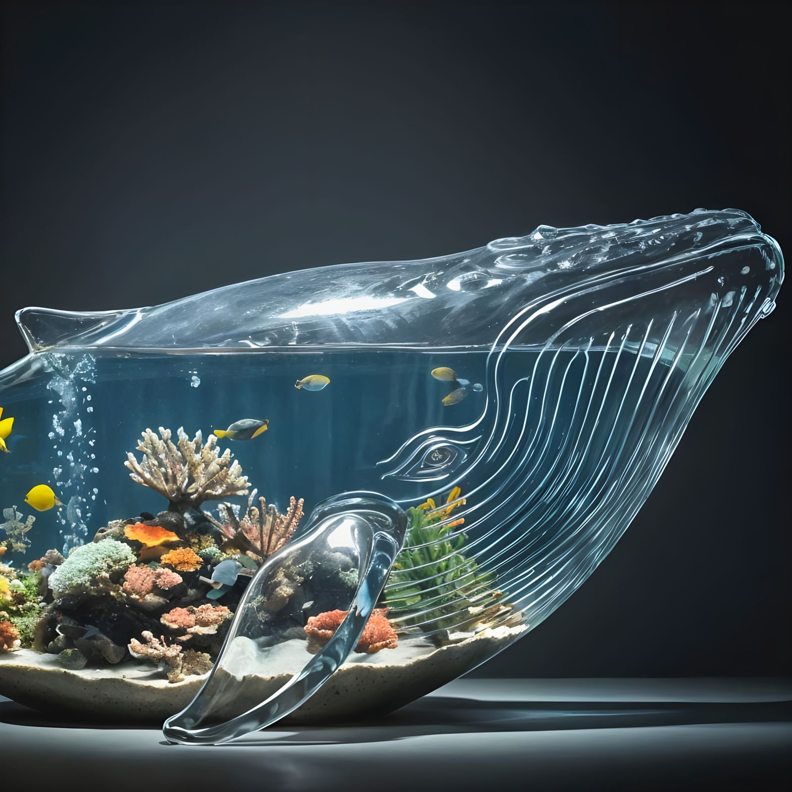 Close view of a large glass whale-shaped aquarium