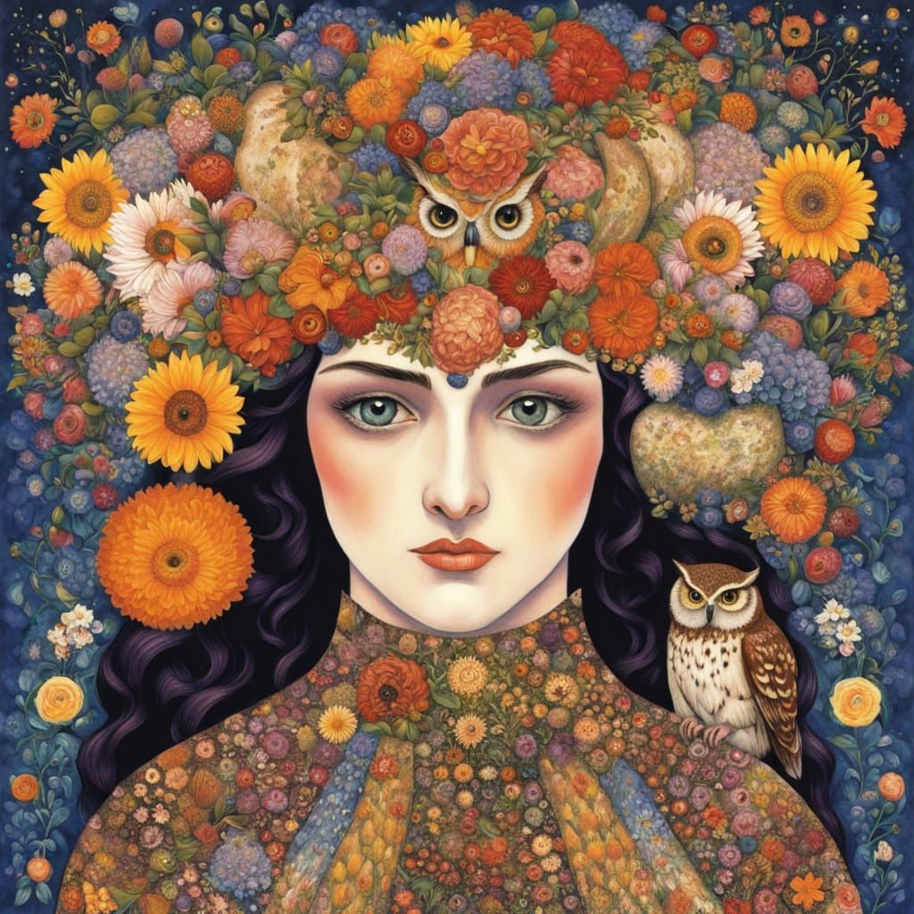 Surreal Goddess of Spring and Winter in Vibrant Floral Style