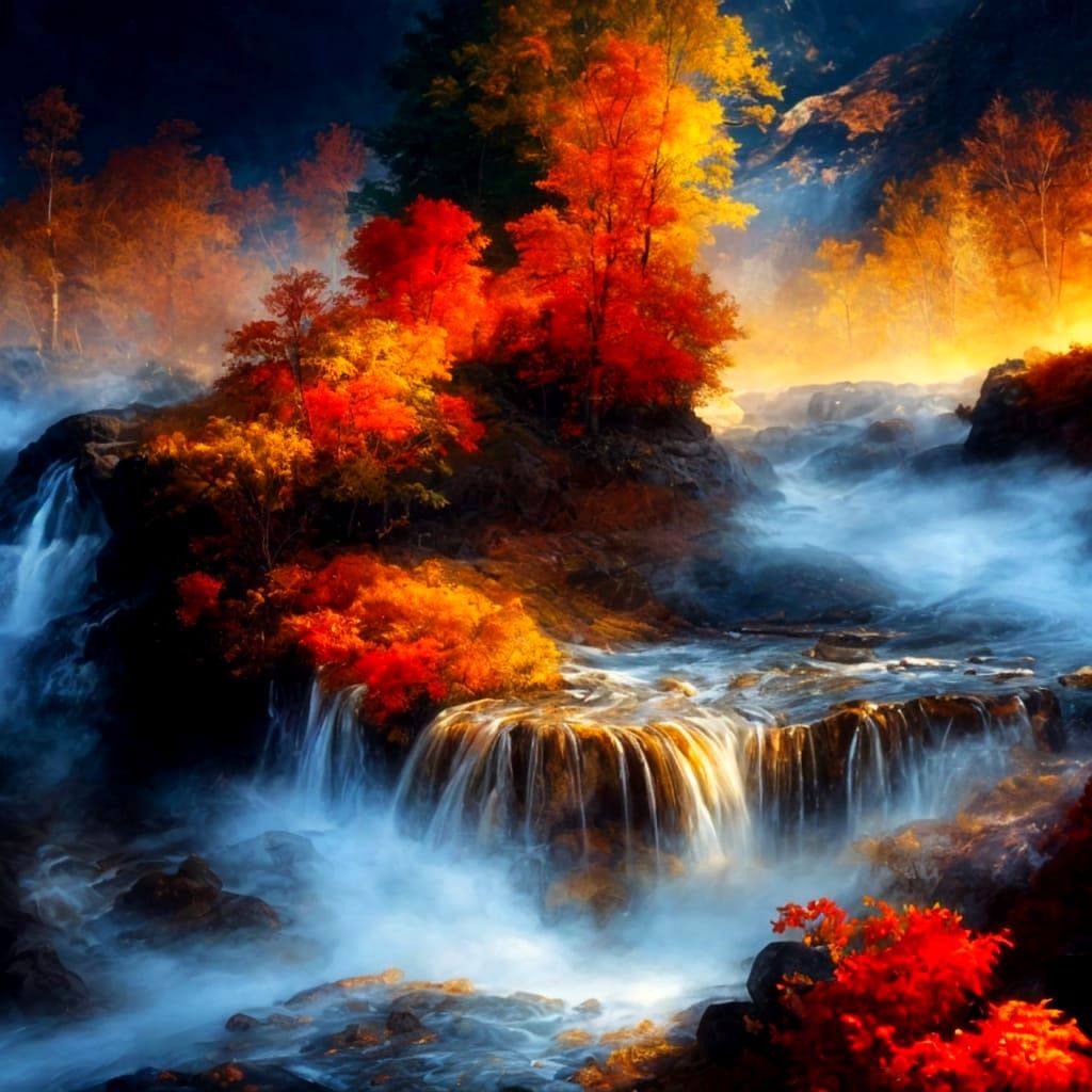 Autumn Waterfalls in Rich Chiaroscuro Gouache Style