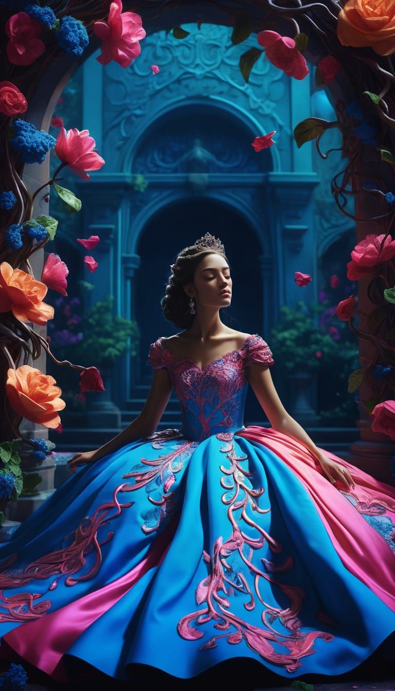 Ethereal Princess in Vibrant Wedding Gown with Swirling Vine...