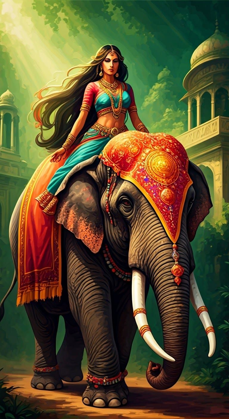 Mystical Indian Princess Rides Majestic Elephant in Vibrant ...
