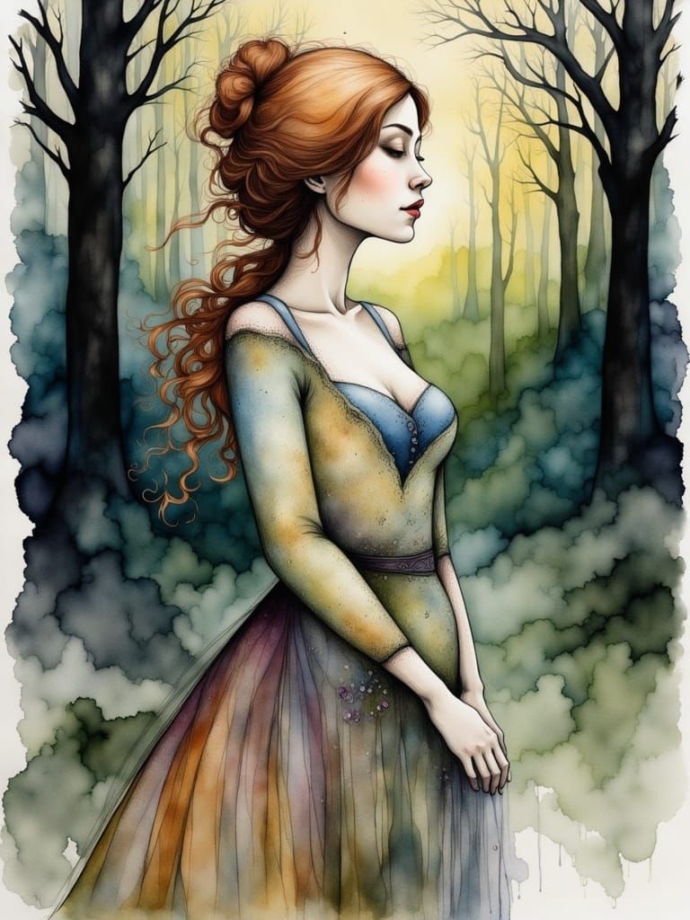 Beautiful Curvy Woman in Victorian Dress in Mystical Forest....