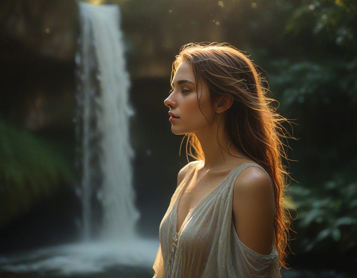 Woman by Waterfall in Golden Hour Light, Painterly Style