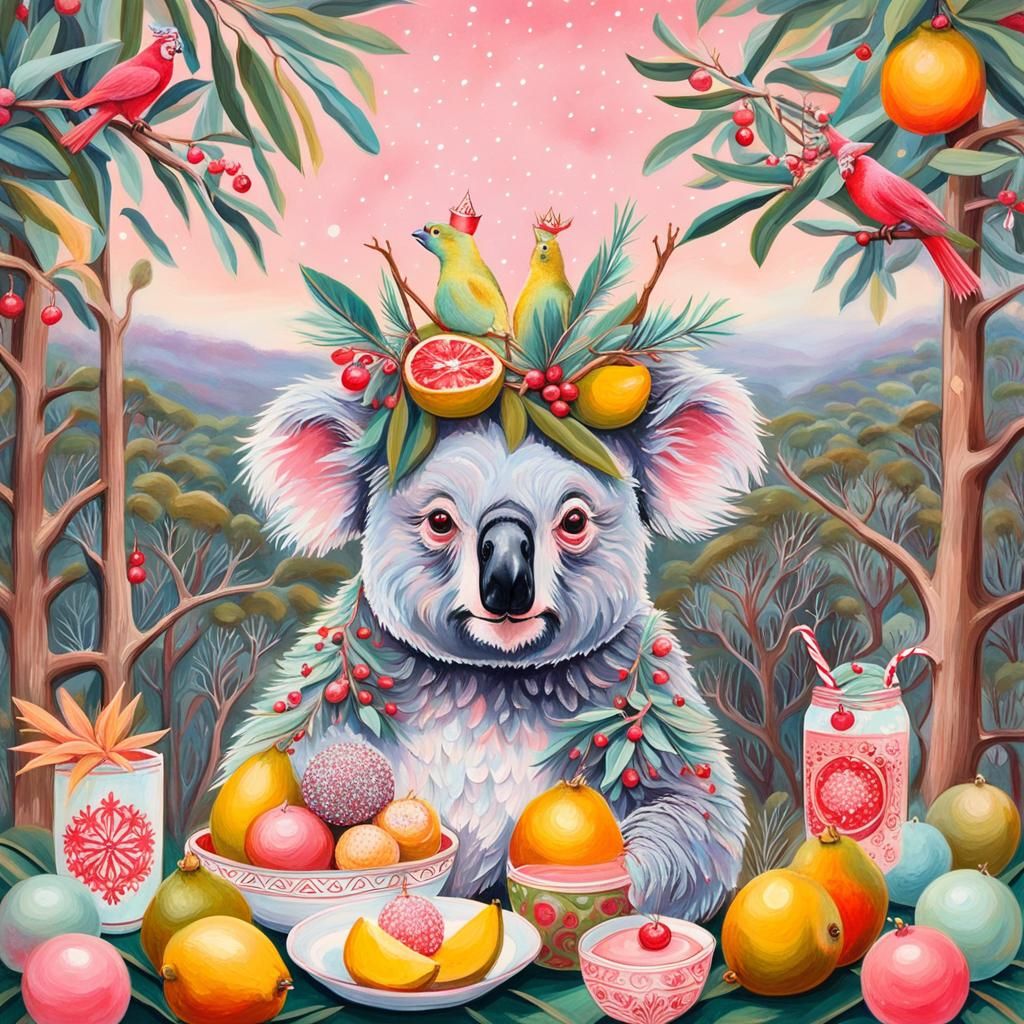 Kitschy Christmas Picnic with Koalas in Gum Trees