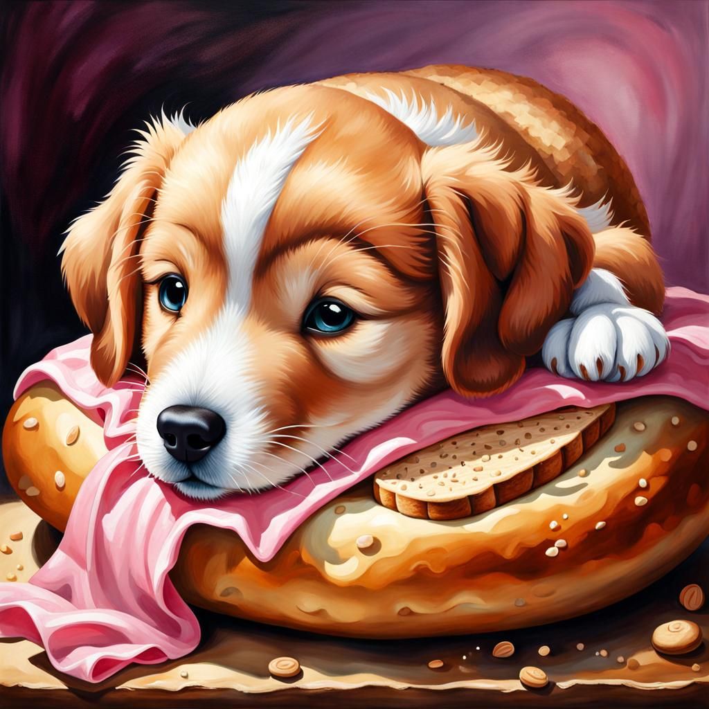 Chibi Puppy Baker Asleep on Bread