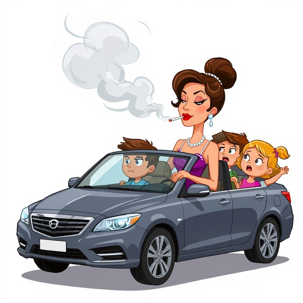 Woman Smokes While Driving, Irritating Kids in Cartoon Style