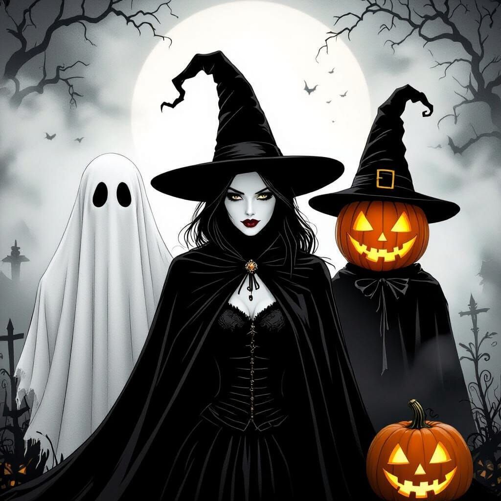 Whimsical Halloween Scene in Gothic Cartoon Style
