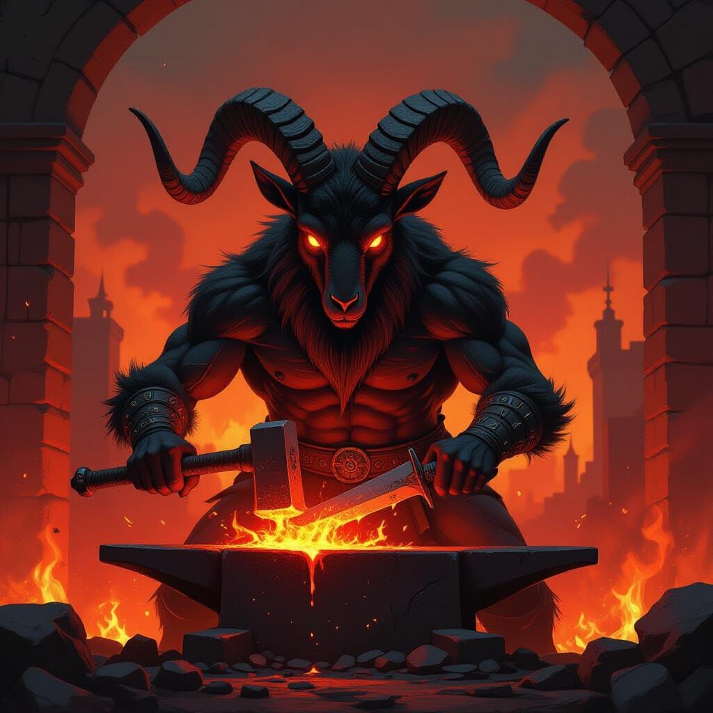 Demonic Goat Forging Sword in Hellscape