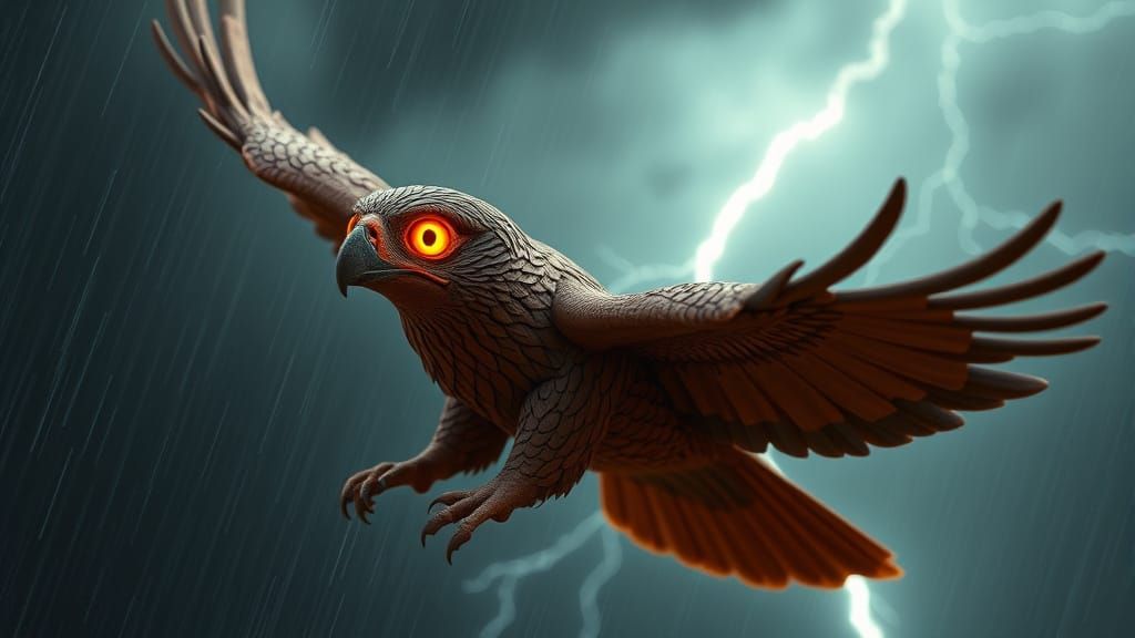 Terracotta Falcon Soaring Through a Storm