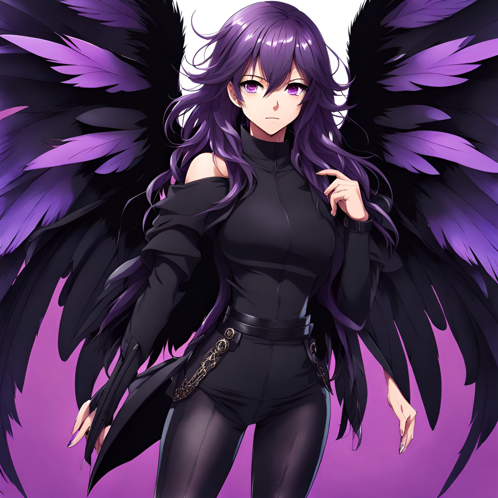 Charming Woman with Purple Hair and Black Wings in Anime Sty...