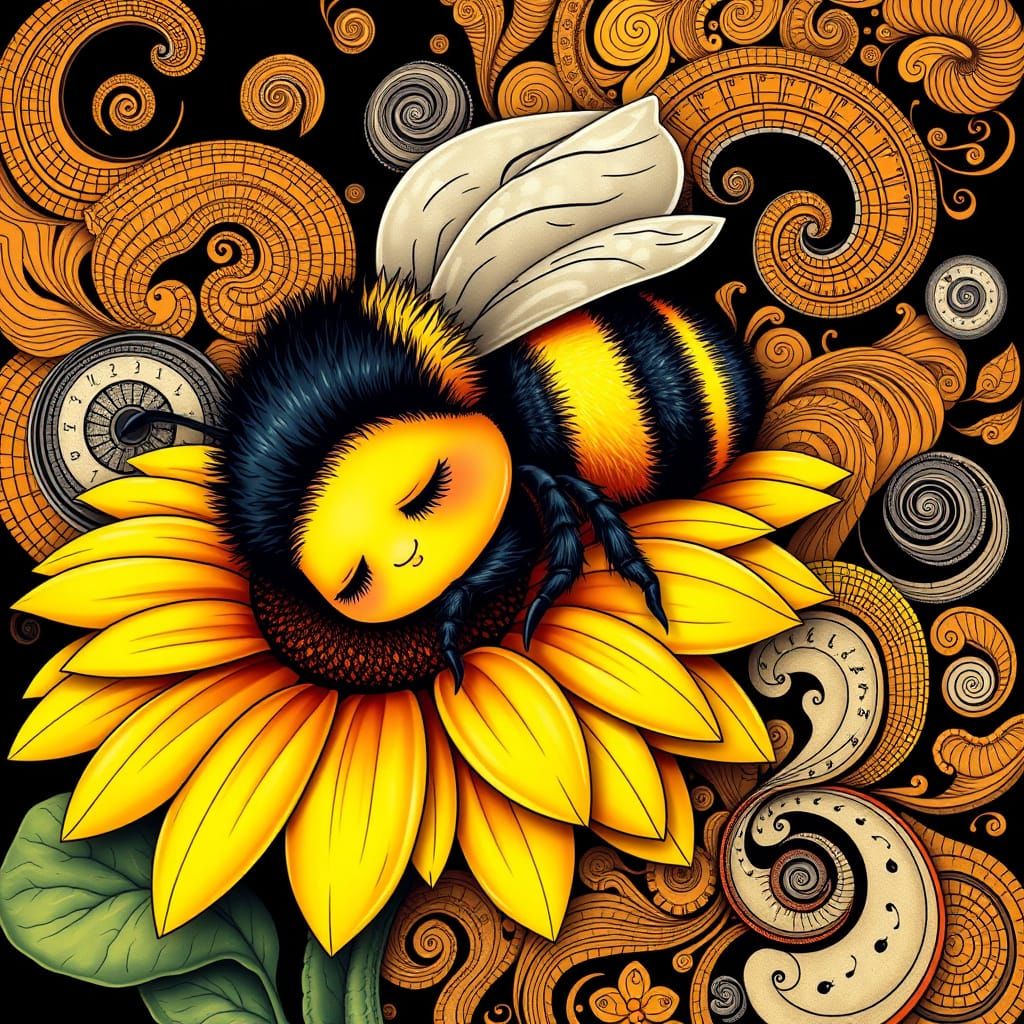 Sleepy Bumblebee on Sunflower with Abstract Patterns