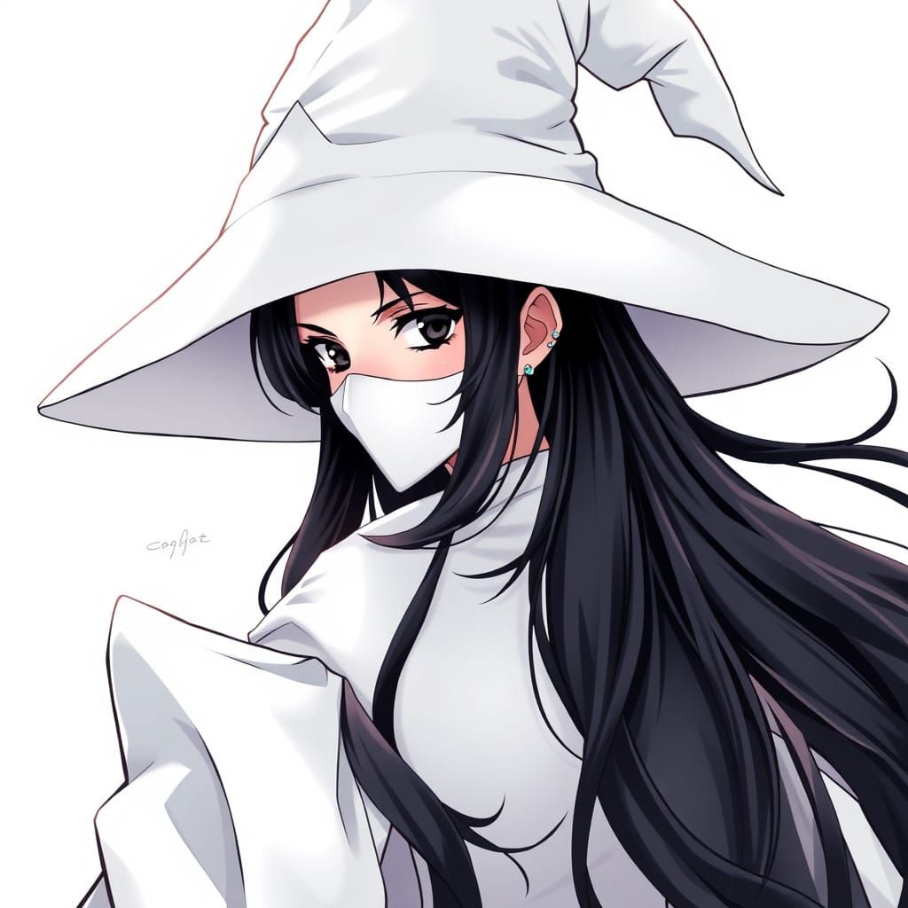 Enigmatic White Wizard with Raven Hair in Anime Style