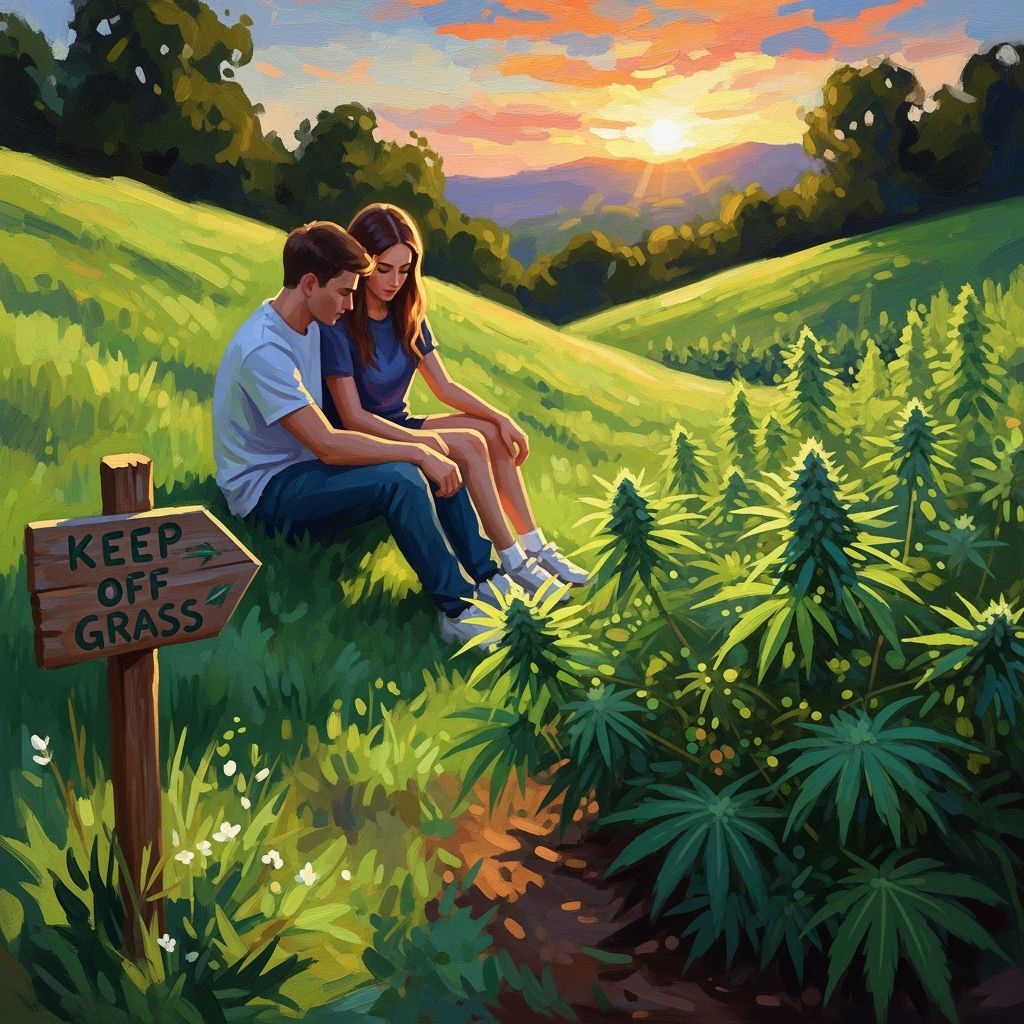 Young couple sitting on hillside, looking down at cannabis p...
