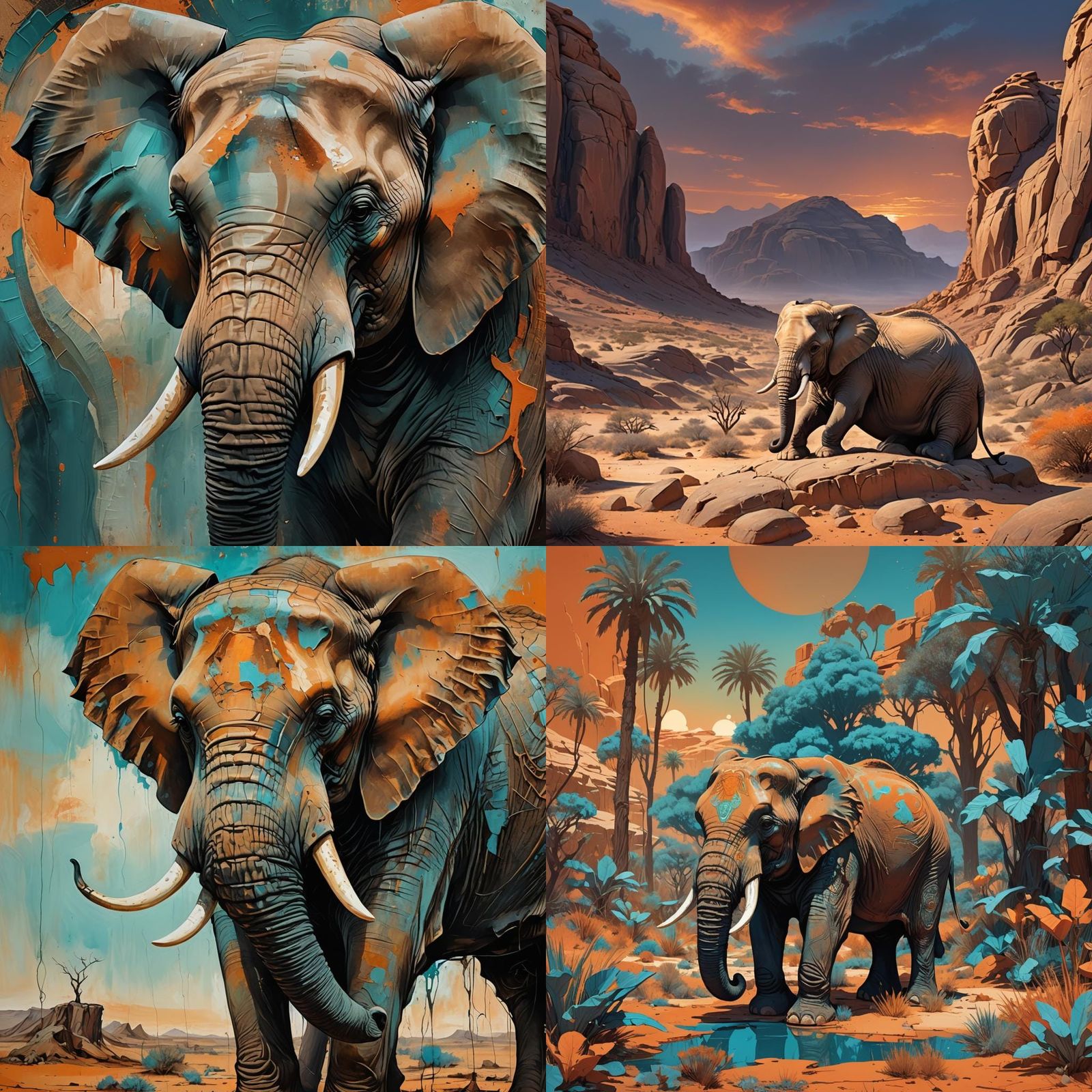 Sad Elephant in Desert Colors, Matte Painting