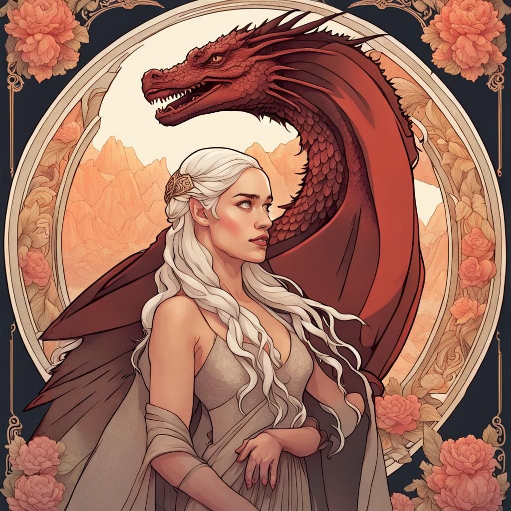 Daenerys and Drogon in Mucha Style