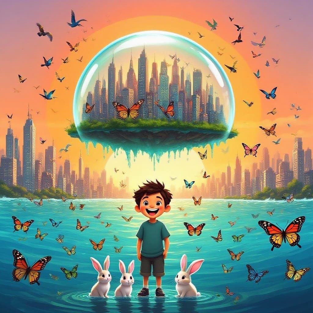 Surreal City in Bubble Over Butterfly Ocean at Sunset