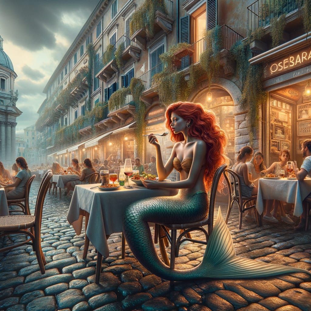 Hispanic Mermaid Dines in Rome's Quaint Cafe