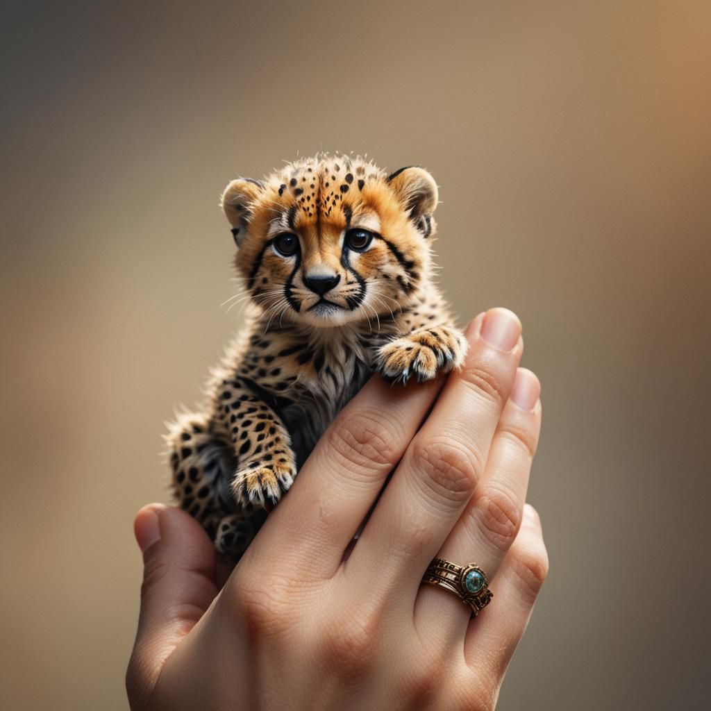 Miniature Cheetah on Finger in Hyperrealistic Digital Art