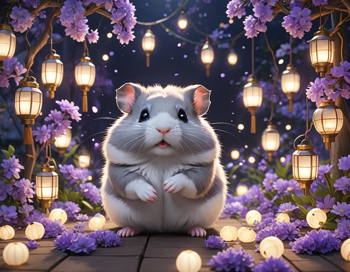 Adorable Hamster with Magical Lanterns, Anime Style