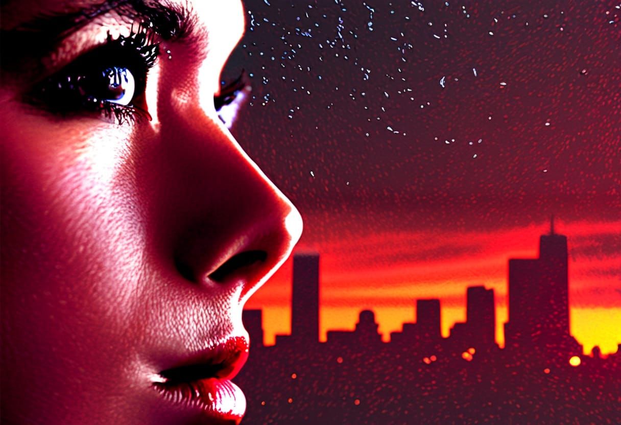 A Woman's Sorrow Illuminated by a Burning Cityscape