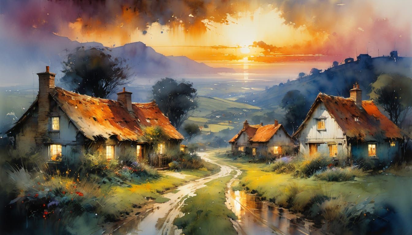Whimsical Watercolor Country Cottages at Sunset