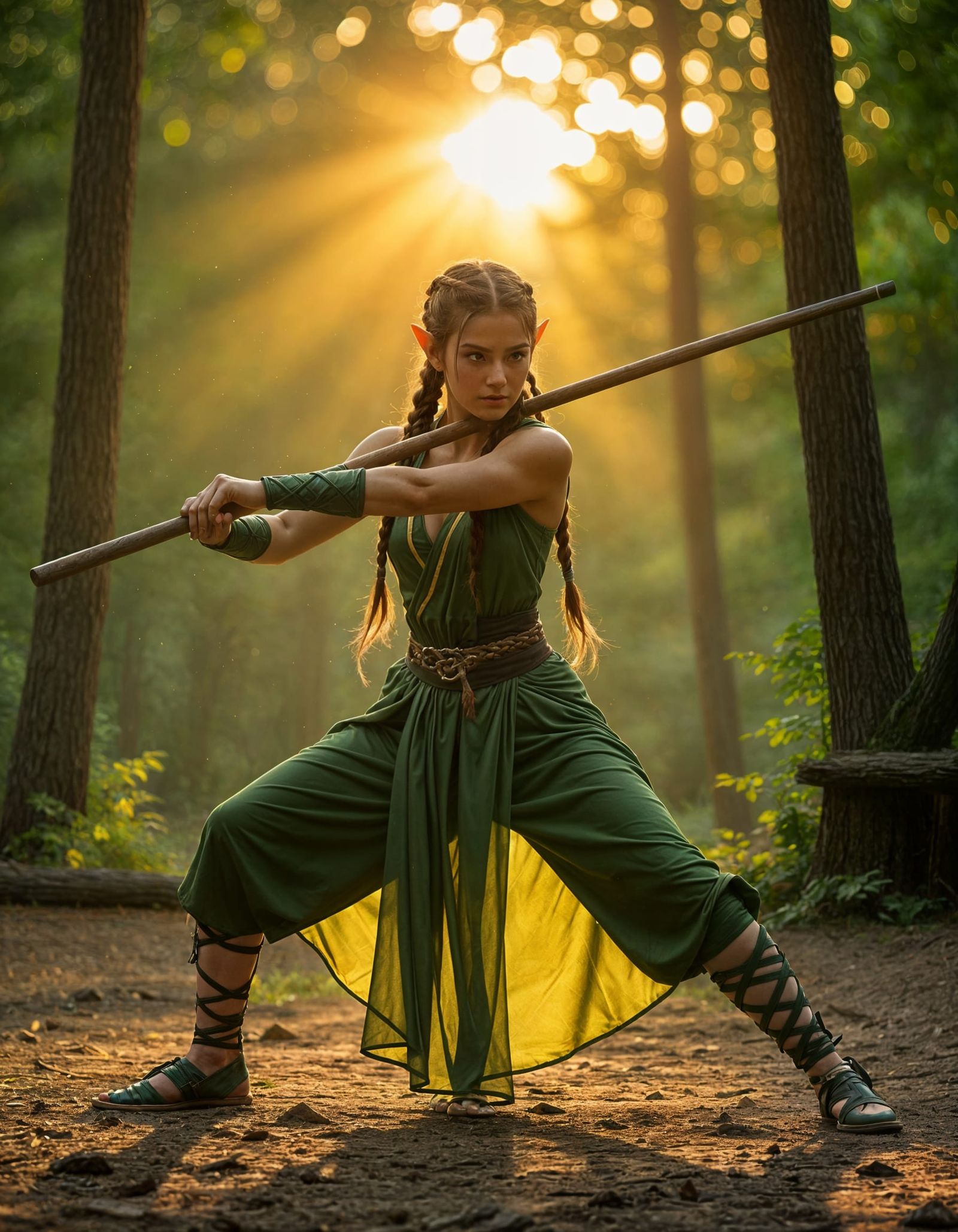 Elf Assassin Training in Sun-Setting Forest Arena