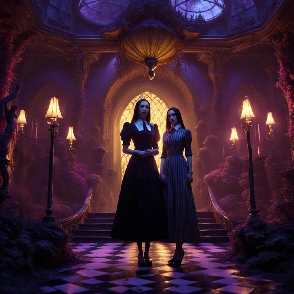 Morticia and Wednesday in Dark Wonderland