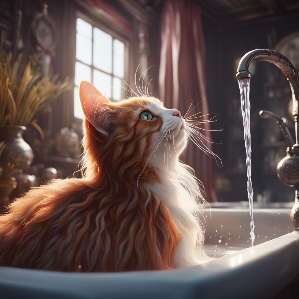 Cat Grooming in Detailed Fantasy Art Style