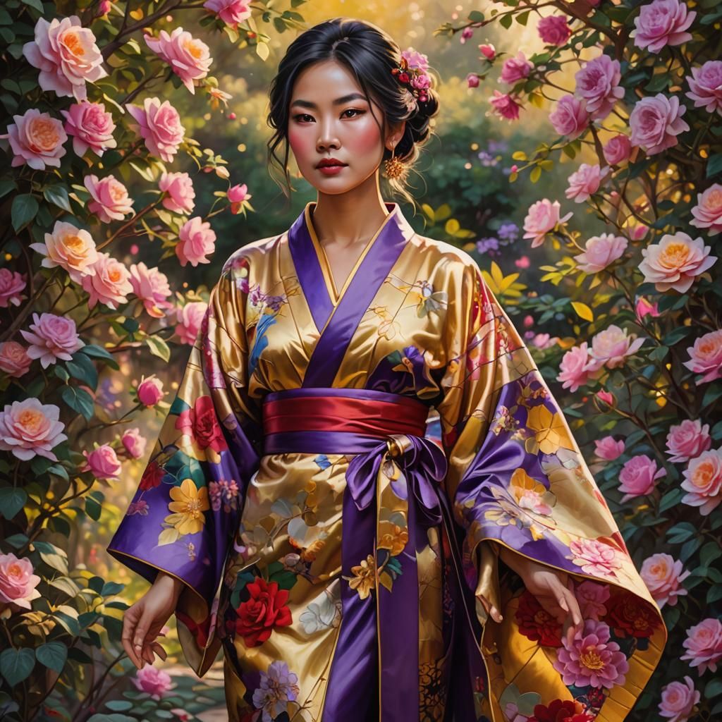 Asian Woman in Kimono in Rose Garden: Oil Painting