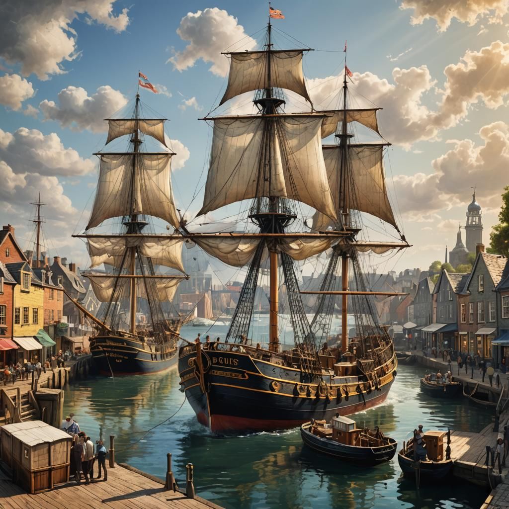 Tall Ship in Summer Harbour: Hyperrealistic Digital Art
