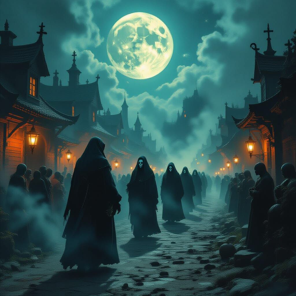 Ghostly Festival Procession in Eerie Moonlight