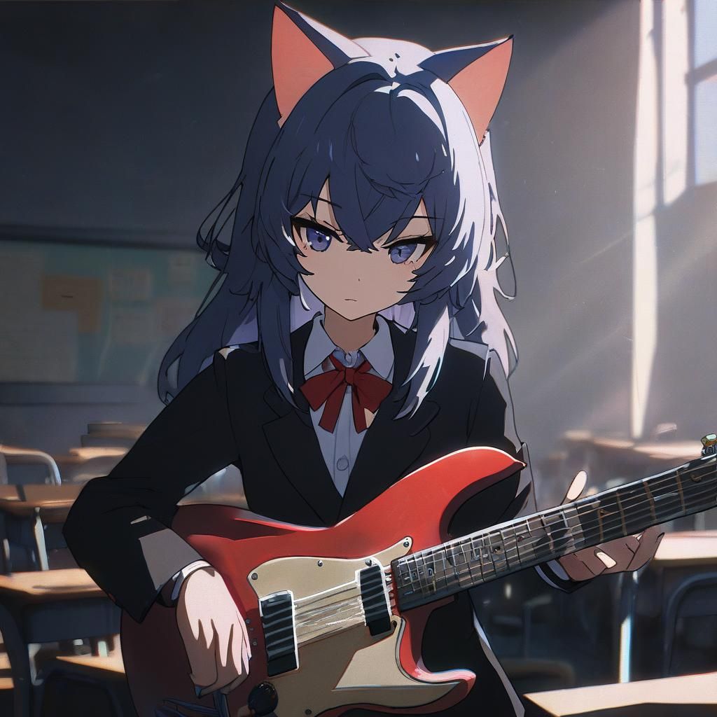 Nekomimi Girl with Guitar in Classroom, Cel-Shaded