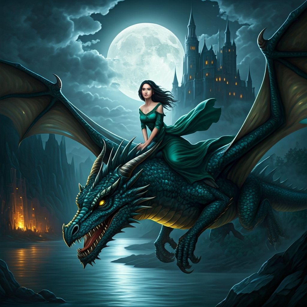 Woman in Green Dress Rides Dragon by Castle