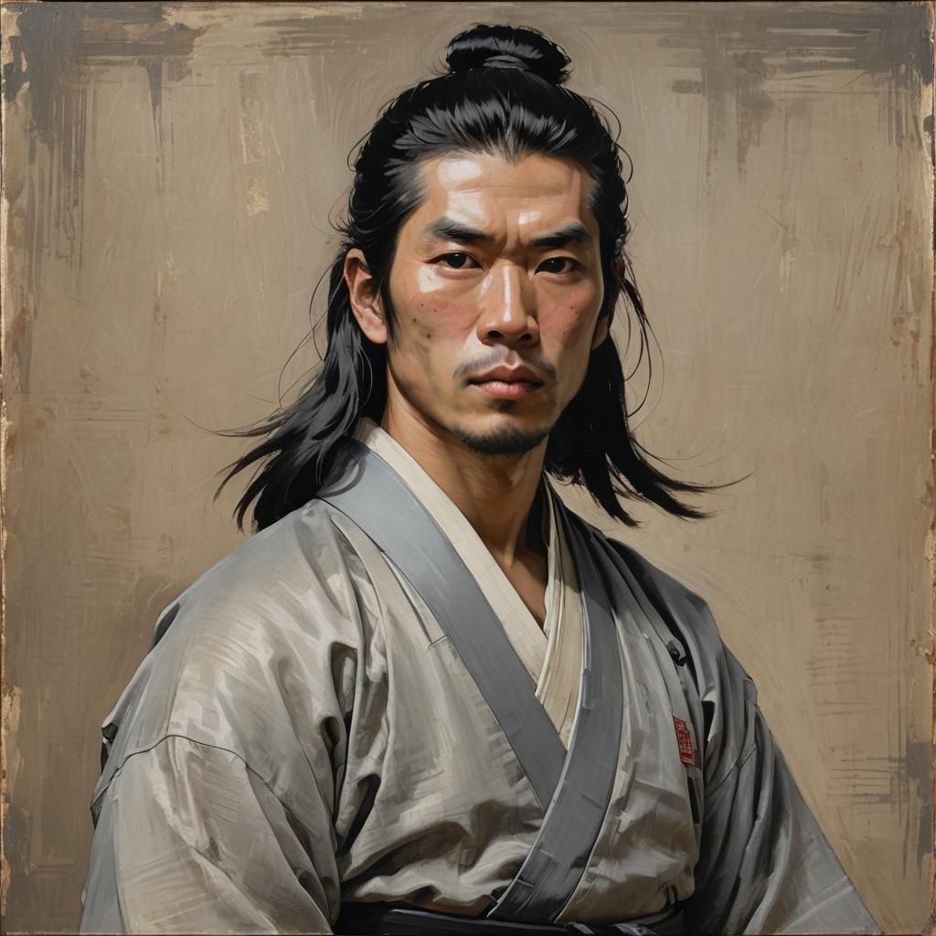 Young Samurai Portrait in Expressive Painting Style
