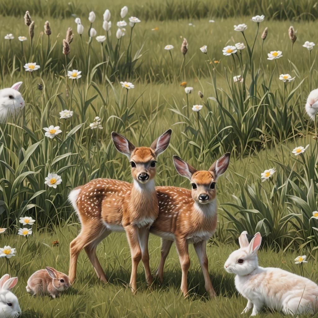 Fawn and Rabbit in Field: A Realistic Image