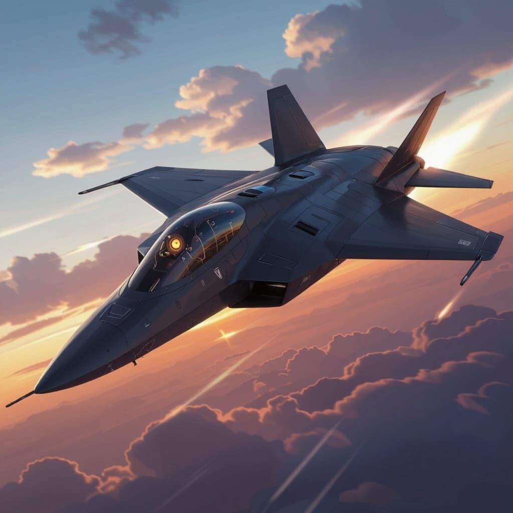 Modern Strike Jet with Robot Pilot in Dynamic Sky