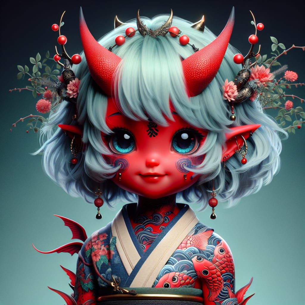 Red Oni Girl Portrait in Fantasy Realism Style