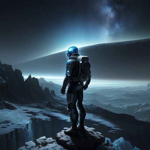 Astronaut at Edge of Alien Cliff Gazing into Stormy Skies