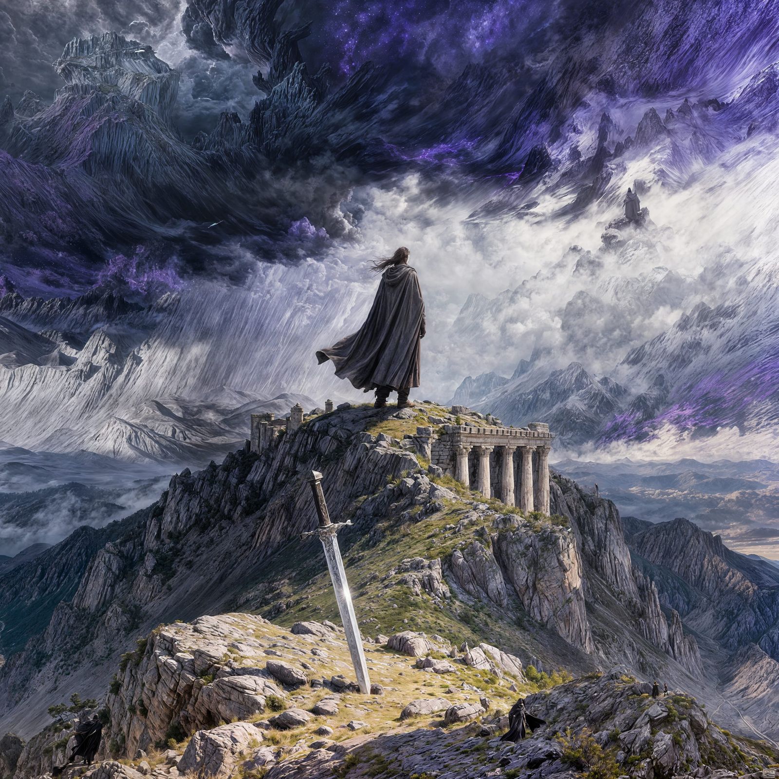 Cloaked Figure on Ancient Mountaintop with Sword