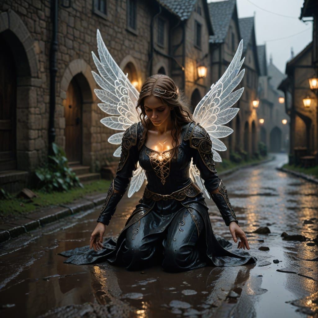 Ghostly Filigree Angel Kneeling in Rainy Town