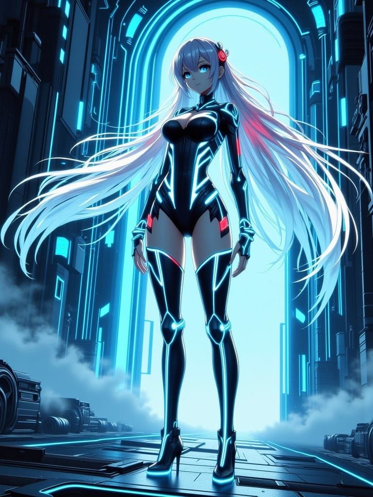 Anime TRON inspired winged female fairy, blue, white and red, set near a futuristic portal. detailed universe Portrait, ...