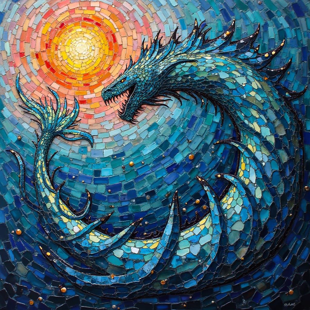 Vibrant Sea Glass Mosaic of an Underwater Sea Monster