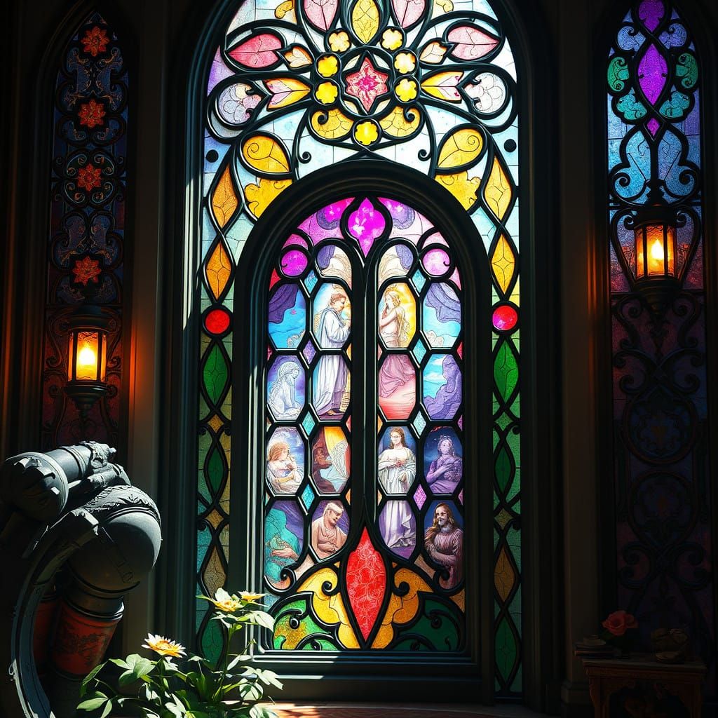 Vibrant Art Deco Stained Glass Widow in Fantastical Detail