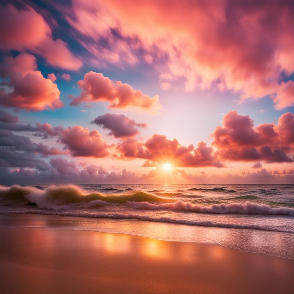 Sunrise Over Beach with Colorful Clouds