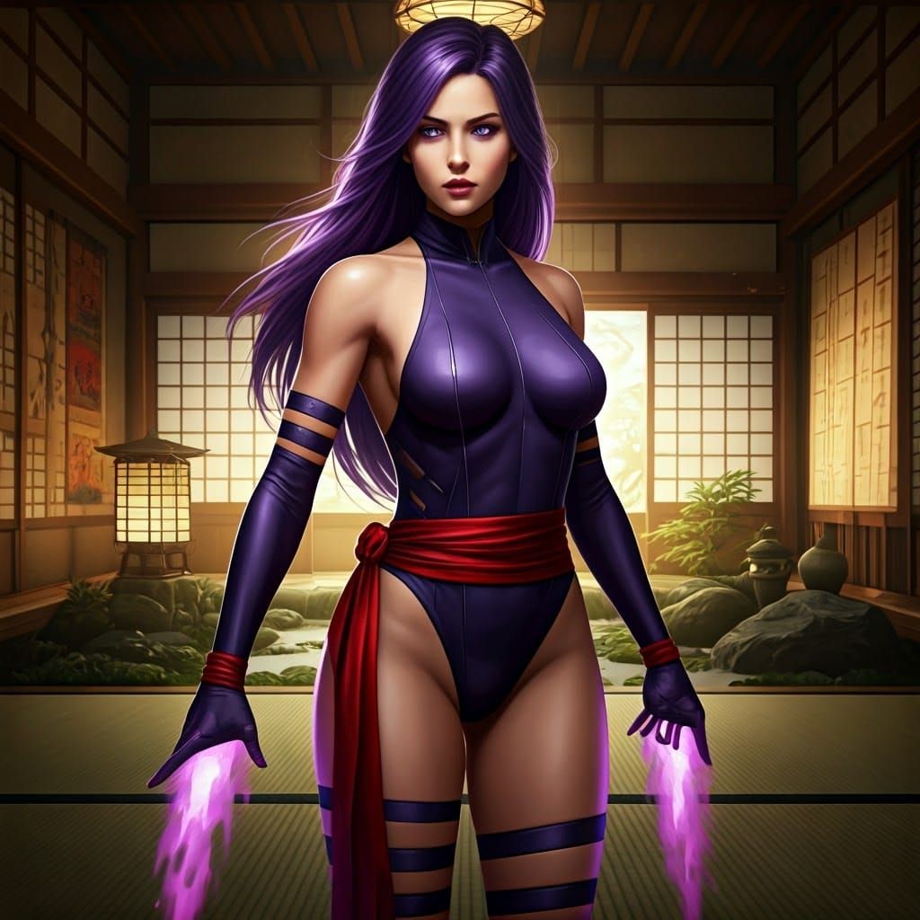 Violet-Haired Psylocke in Combat Pose, Japanese Dojo