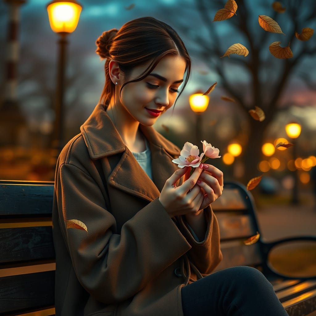 A Young Woman Contemplates a Delicate Flower at Twilight